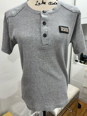 Giorgio Armani Gray Ribbed Short Sleeve Henley with Italian Flag Patch